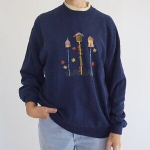 Vintage Jerzees Navy Birdhouse Embroidered Cottagecore Sweatshirt Autumn L